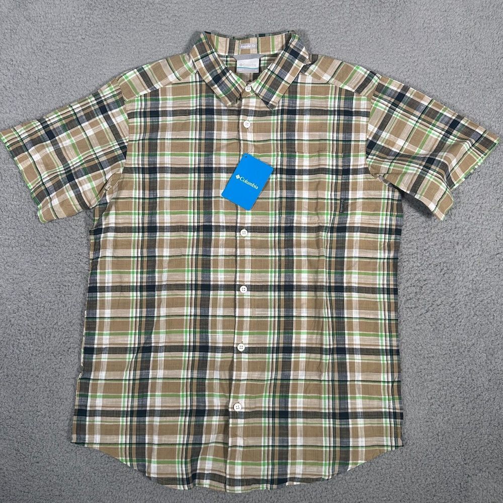 Columbia Shirt Mens Medium Tan‎ Green Plaid Under Exposure Button Up Outdoor New